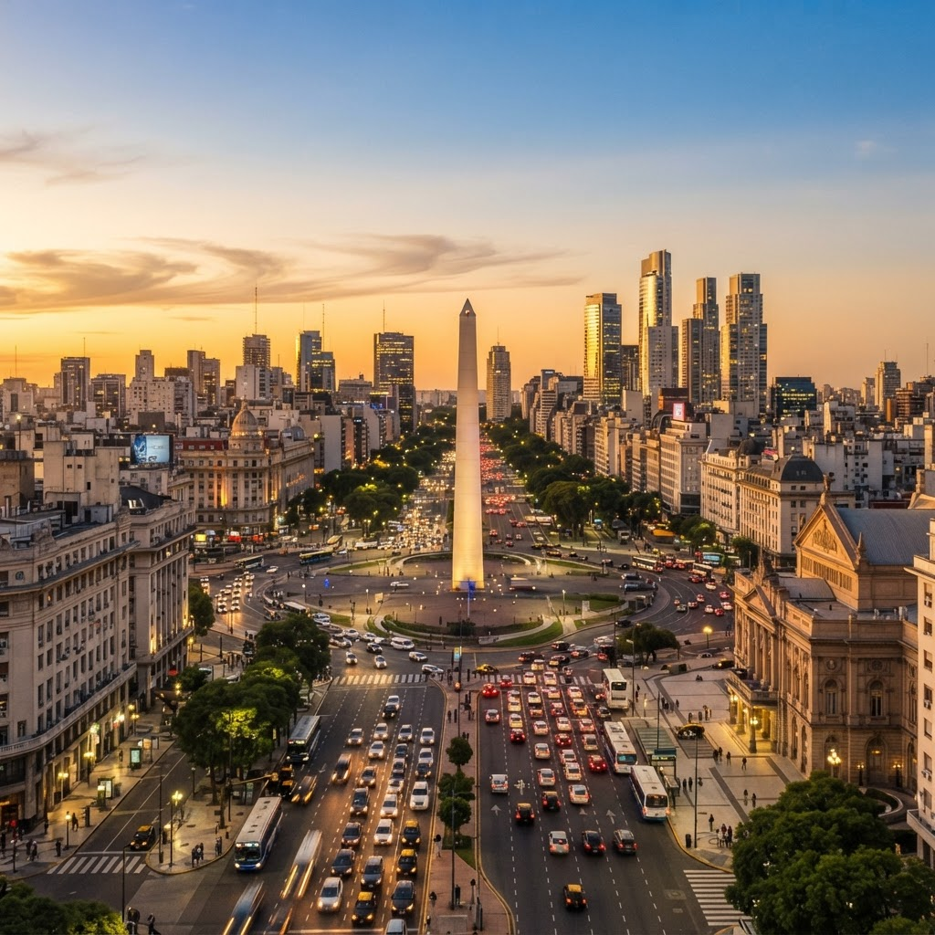 Skyline de Buenos Aires con el Obelisco al atardecer
